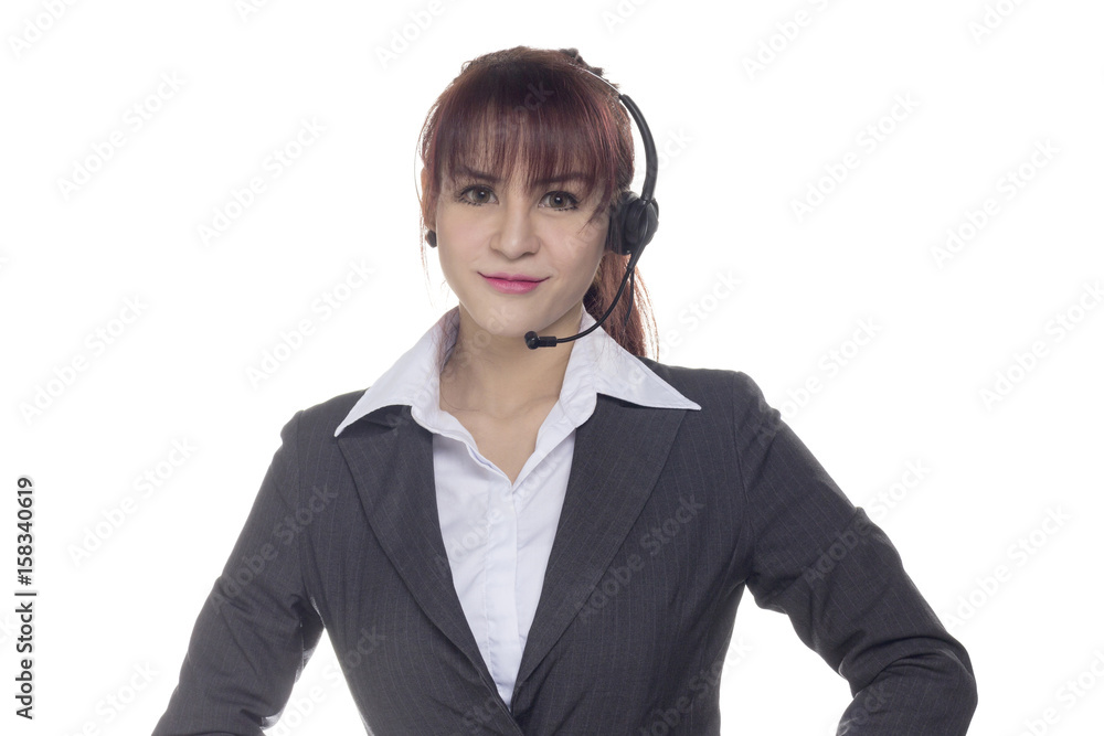 Call center woman, smiling business woman, customer Service Agent with headset isolated on a white background Call center woman, smiling business woman, customer Service Agent with headset isolated on a white background