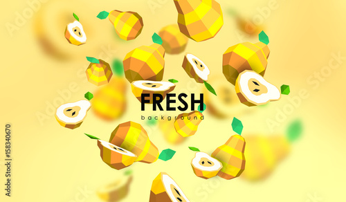 Creative background with low poly fruit. Illustration with polygonal pear.