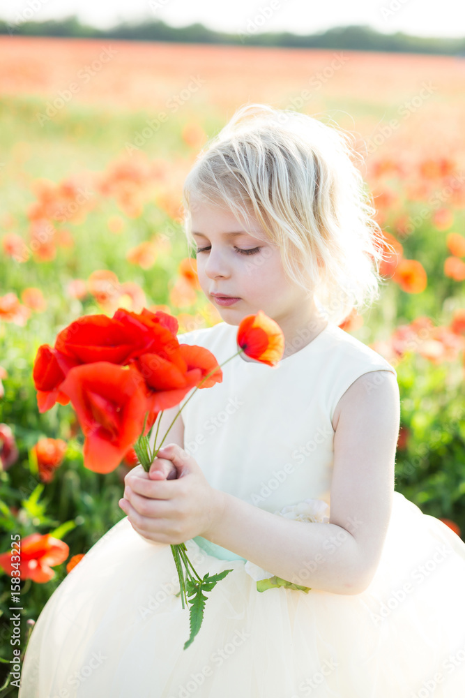little girl, summer, childhood, childcare, fashion concept - small cute faire-haired princess with bouquet of poppies in white beautiful dress with tulle skirt in the field of flowers little girl, summer, childhood, childcare, fashion concept - small cute faire-haired princess with bouquet of poppies in white beautiful dress with tulle skirt in the field of flowers