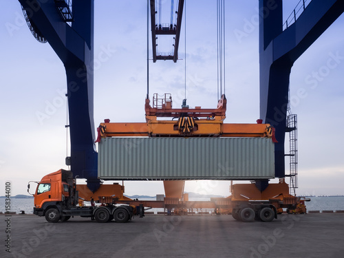 Closeup the spreader type twin lift of container crane at industrial port. photo