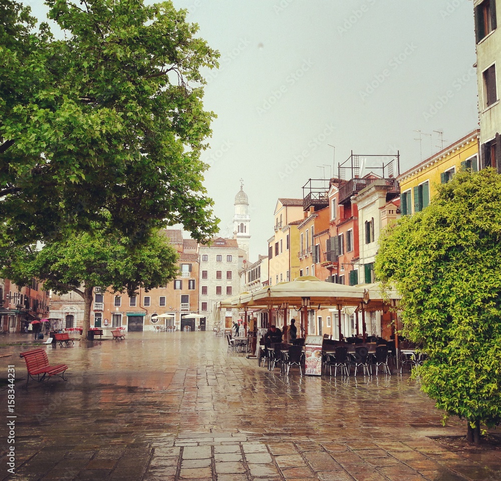 Piazza Margherita square in rainy Venice
