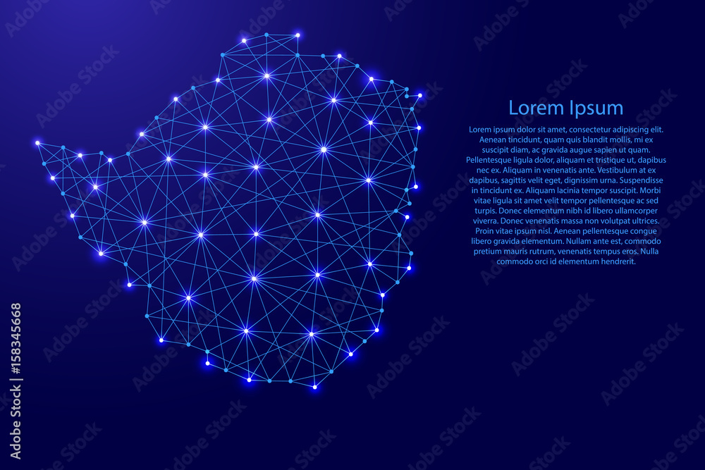Fototapeta Map of Zimbabwe from polygonal blue lines and glowing stars vector illustration