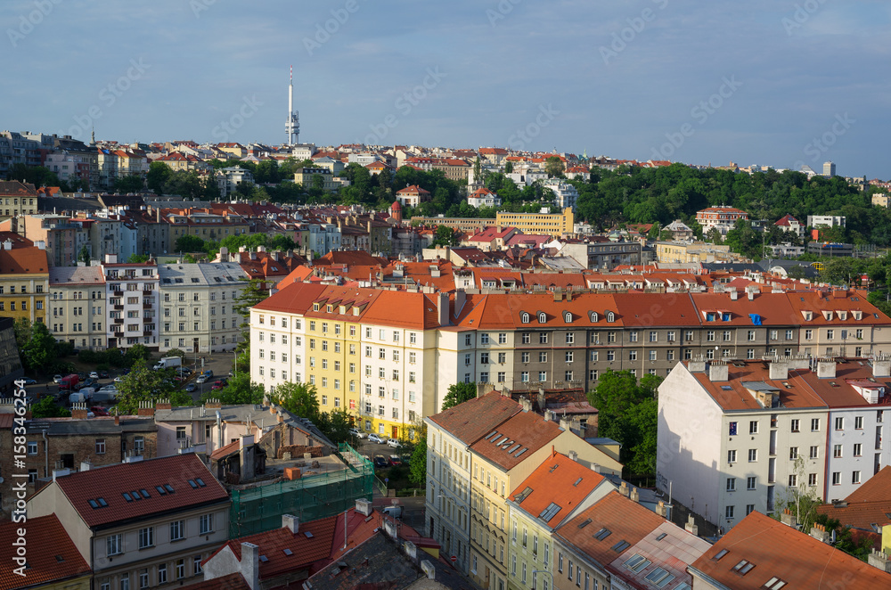 Vinohrady district, Zizkov television communications tower and transmitter in the background, Prague, Czech Republic - aerial view of streets and quarter of Czech capital city