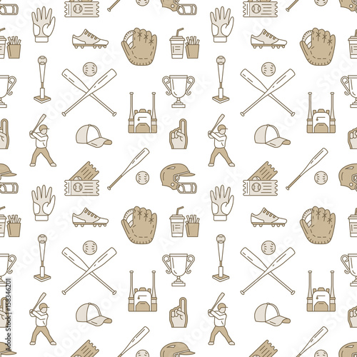 Baseball, softball sport game vector seamless pattern, background with line icons of balls, player, gloves, bat, helmet. Flat signs for championship, equipment store.