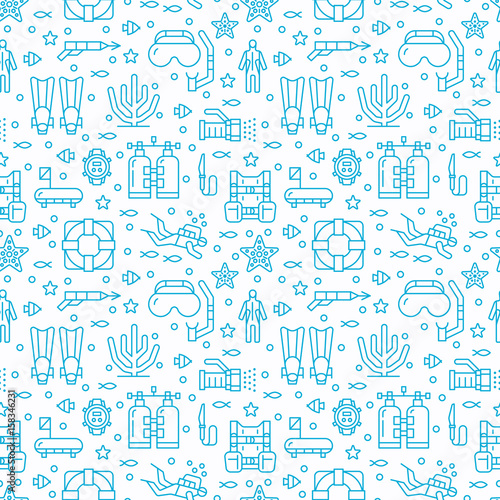 Scuba diving, snorkeling seamless pattern, water sport vector blue background. Summer activity cute repeated wallpaper with spearfishing equipment icons - mask tube, flippers. Good for kids textile.