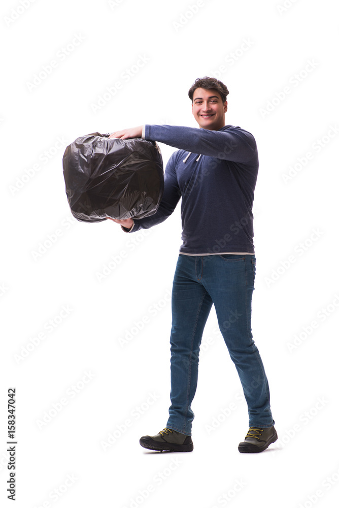 Fototapeta premium Man with garbage sack isolated on white