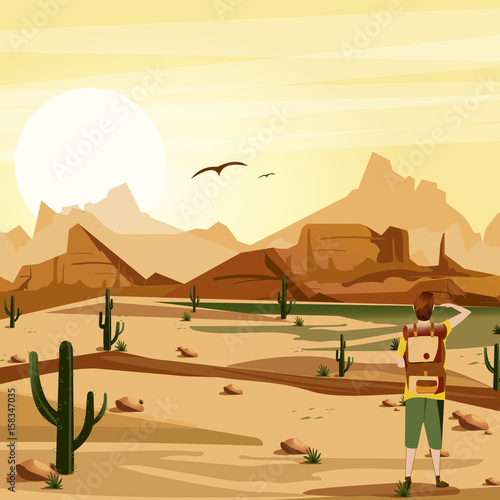 Landscape background desert with traveler  cacti  mountains and birds vector illustration.