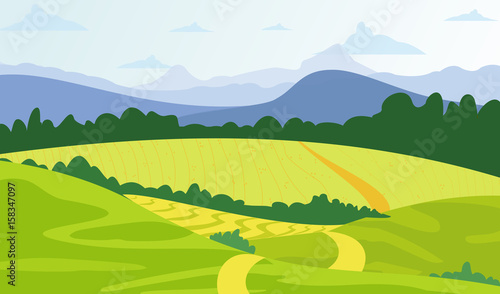 Vector illustration green landscape background with yellow fields and mountains.