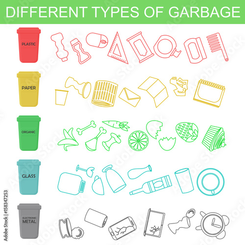 Vector illustration of sorting different types of garbage in line and flat style.