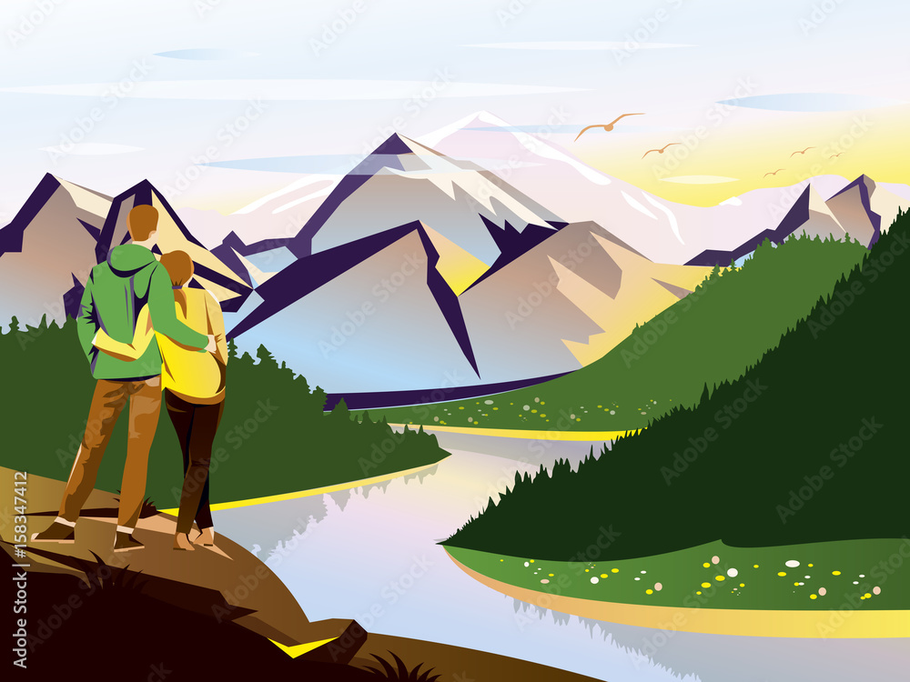 Vector landscape illustration with mountains. Travelers man and woman watching river view.