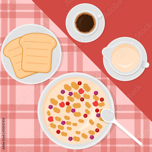 Breakfast top view vector illustration in flat style with muesli or oatmeal, milk, coffee and toasts.