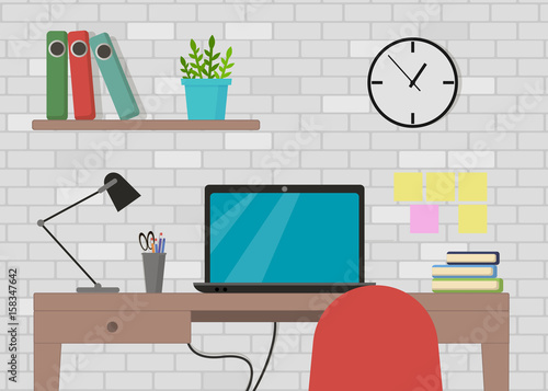 Vector illustration in flat style interior of working place with computer, lamp, to do list, working programs on monitor, organizer, shelf, books on brick wall background.