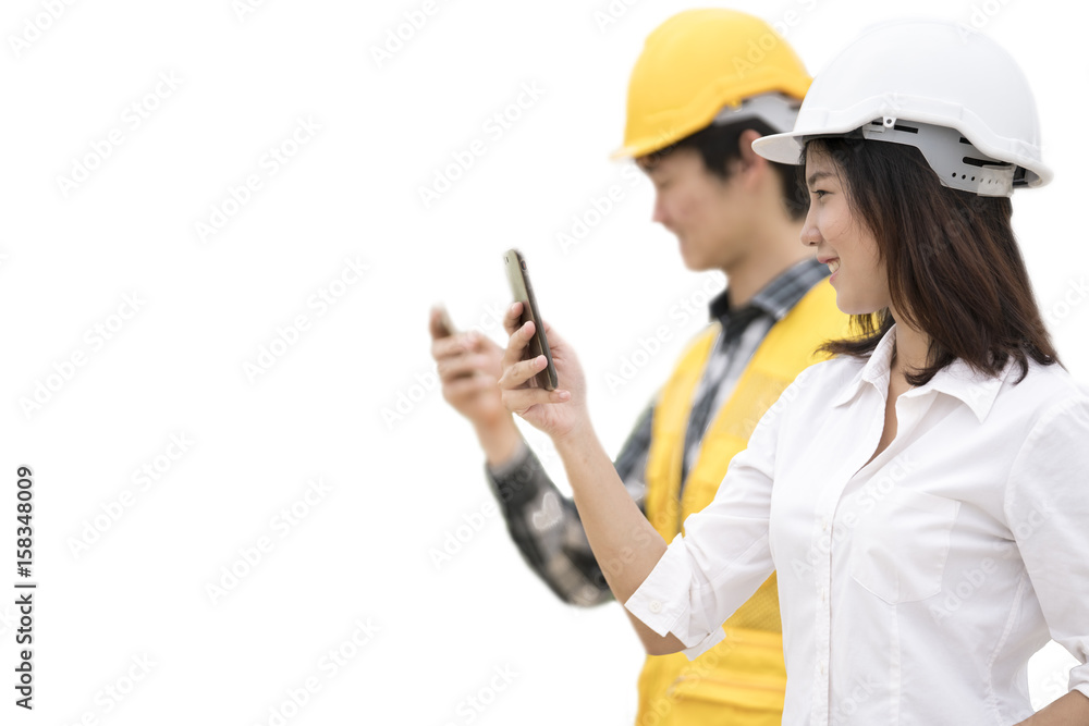 Architect engineer and worker used mobile phone on white background.. Architect engineer and worker used mobile phone on white background..