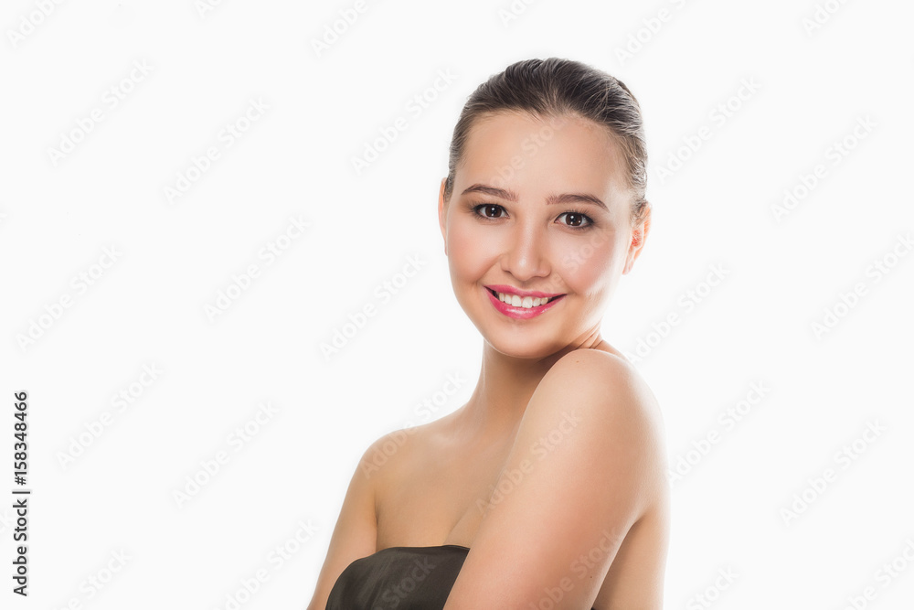 beautiful young girl with white teeth, well maintained clean skin, bare shoulders, smiling, looking, close-up, Spa, white background, copyspace beautiful young girl with white teeth, well maintained clean skin, bare shoulders, smiling, looking, close-up, Spa, white background, copyspace
