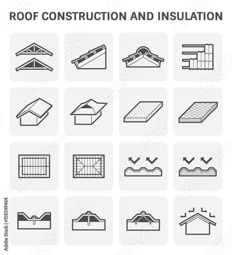 Roof construction and insulation material for building vector icon set.