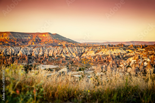 Beautiful mountain landscape, canyons in Cappadocia at sunset