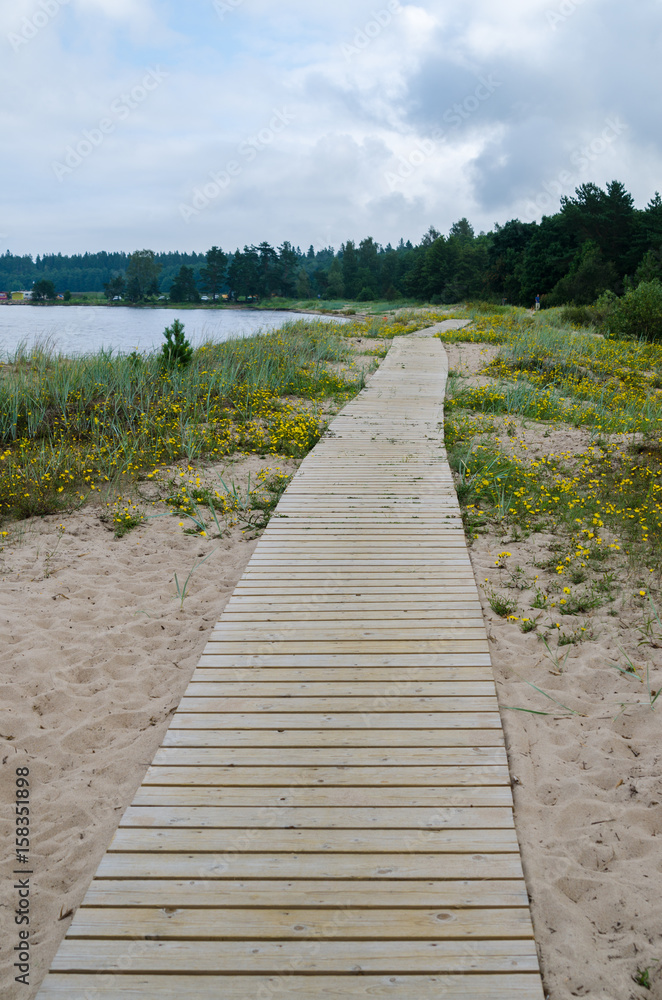 Fototapeta premium Wooden path along the sandy shore of the Baltic Sea