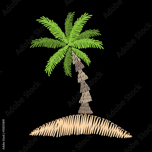 Palm tree embroidery stitches imitation on black background