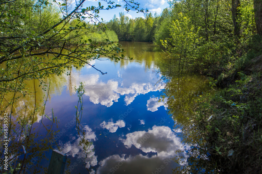 Photo landscape, blue sky with clouds, trees and bushes reflected in the water of the river.