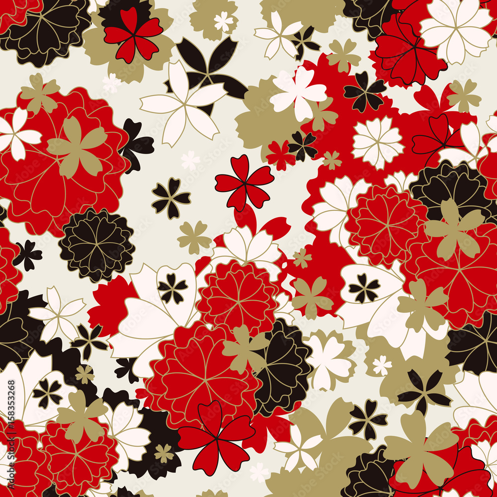 Japanese classic floral seamless pattern, traditional kimono fabric, asian  festive design with spring flowers in blossom, vector illustration, red,  black, white, golden elements, oriental background Stock ベクター | Adobe Stock