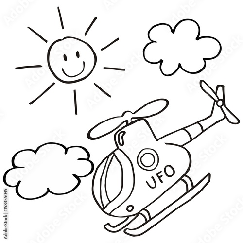 Helicopter and sun, vector icon, coloring page for children