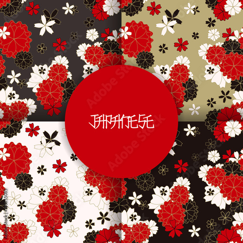 Set of Japanese classic sakura and ornaments seamless patterns for traditional fabric, asian festive design in red, black, white, golden with spring flowers in blossom, vector illustration