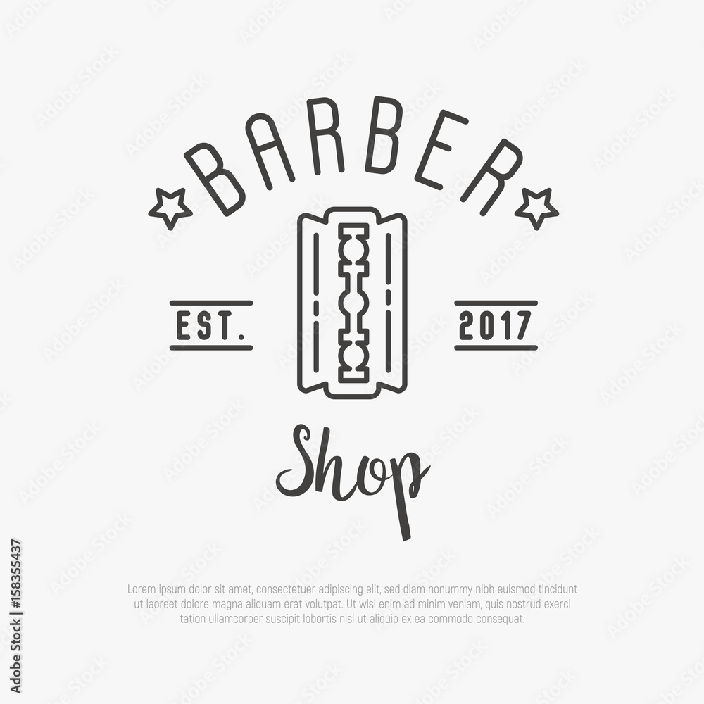 Hipster logo for barber shop with blade. Minimalistic thin line vector illustration.
