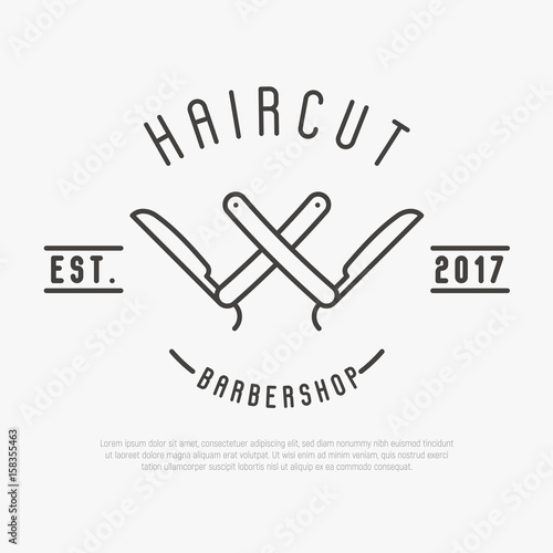Hipster logo for barber shop with cut throat razor. Minimalistic thin line vector illustration.