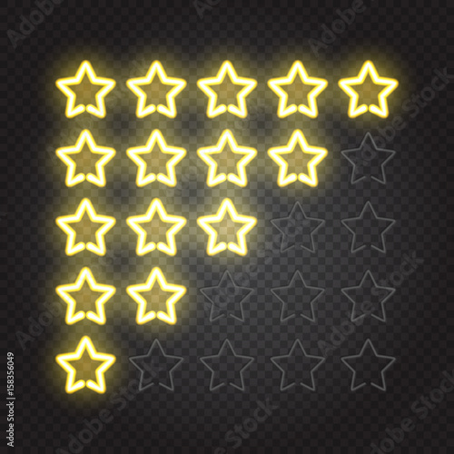 Vector illustration of glowing yellow neon lights 5 stars rating on dark transparent background. Isolated objects, easy to change global colors and place on any background, EPS 10