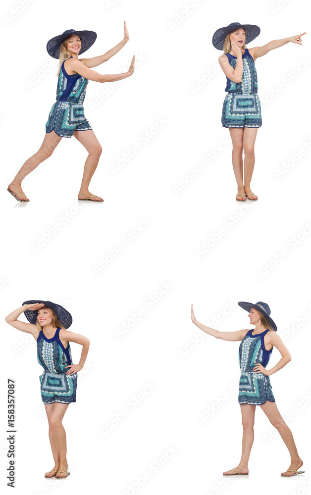 Obraz premium Collage of woman with panama hat isolated on white