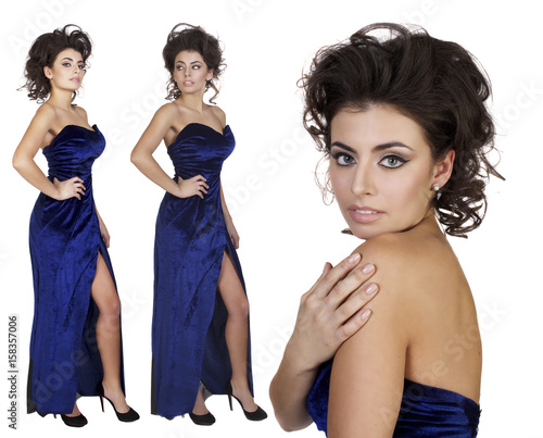 beautiful brunet woman in blue evening dress isolated in white background