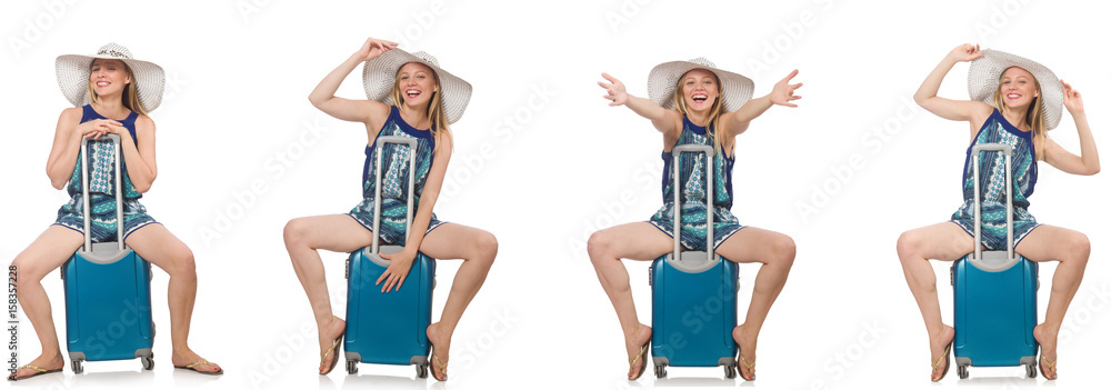Naklejka premium Collage of woman preparing for summer vacation isolated on white