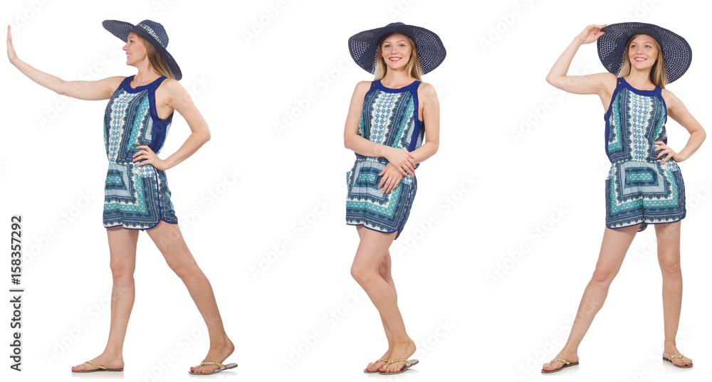 Collage of woman in blue dress and panama on white Collage of woman in blue dress and panama on white