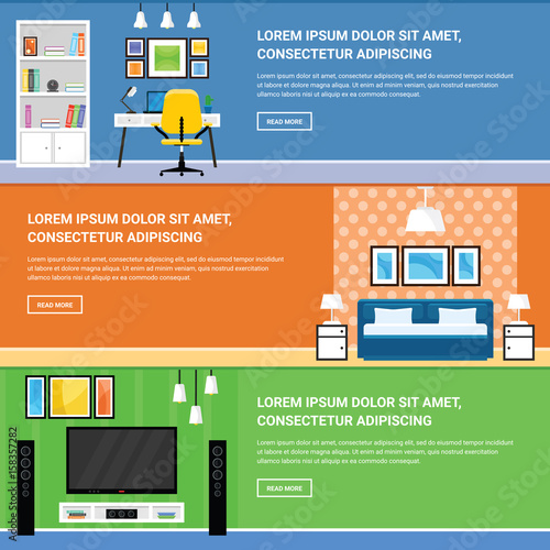 Home Interior Design for Living Room, Bedroom and Home Office Furnishing Banners Set in a Flat Design