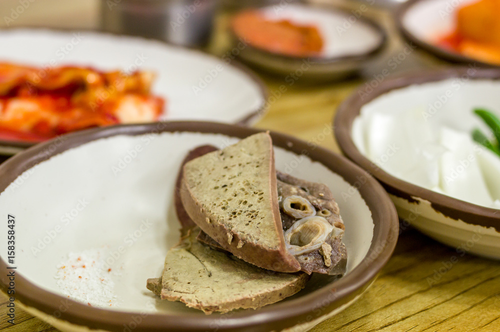 appetizers, pork liver and lung slices for sundae gukbap, Korean blood sausage stew