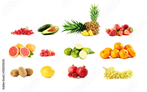 Collage of different fruits on white background