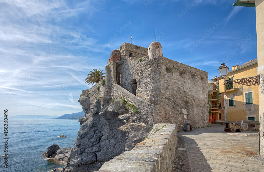 View of the Dragonara Castle in Camogli, Genoa (Genova) province, Liguria, Italy