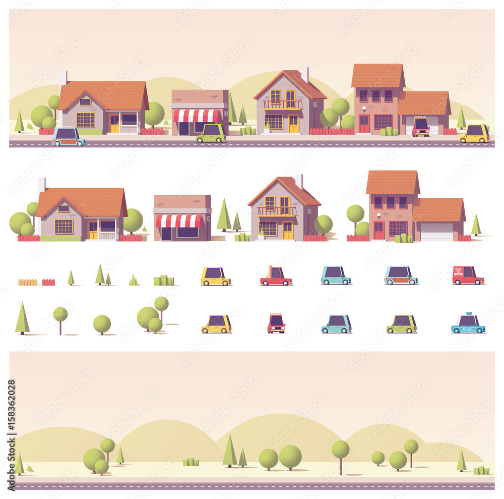Vector low poly 2d buildings and city scene