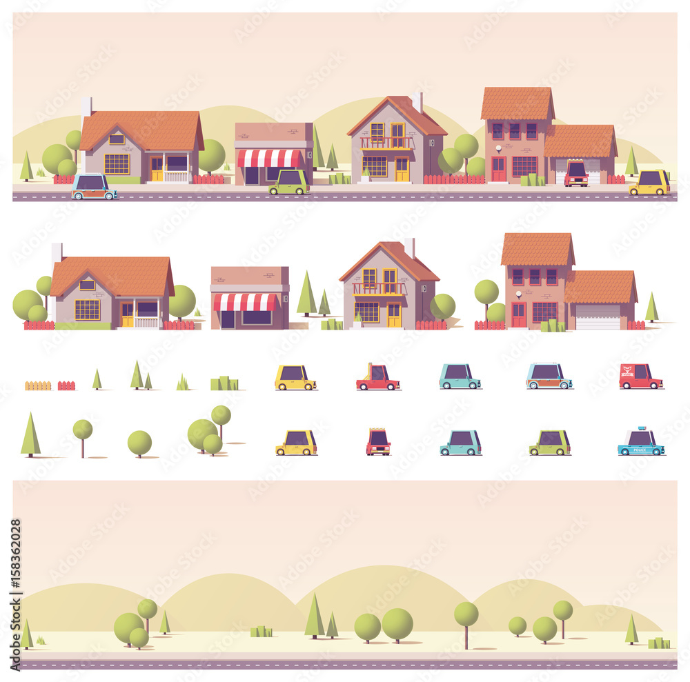 Vector low poly 2d buildings and city scene Vector low poly 2d buildings and city scene