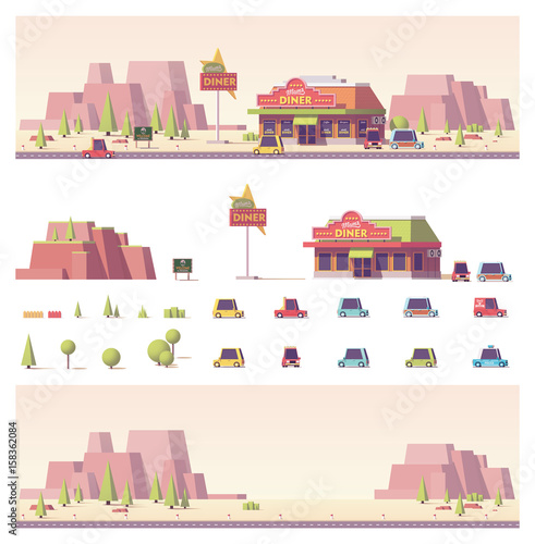 Vector low poly 2d buildings and city scene