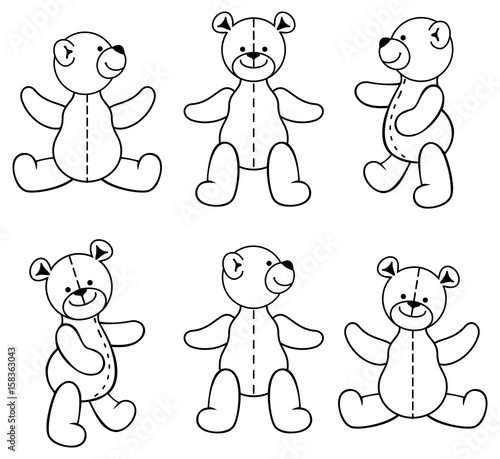 Teddy bear plush toy line art set.