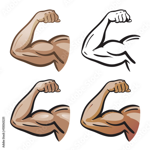 Strong male arm, hand muscles, biceps icon or symbol. Gym, health, protein logo. Cartoon vector illustration
