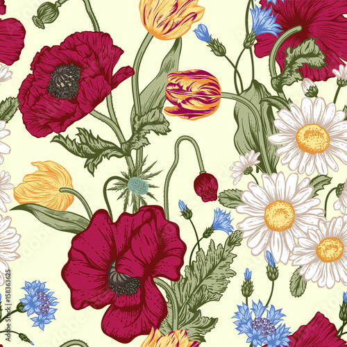 Seamless pattern with flowers. Vector illustration.