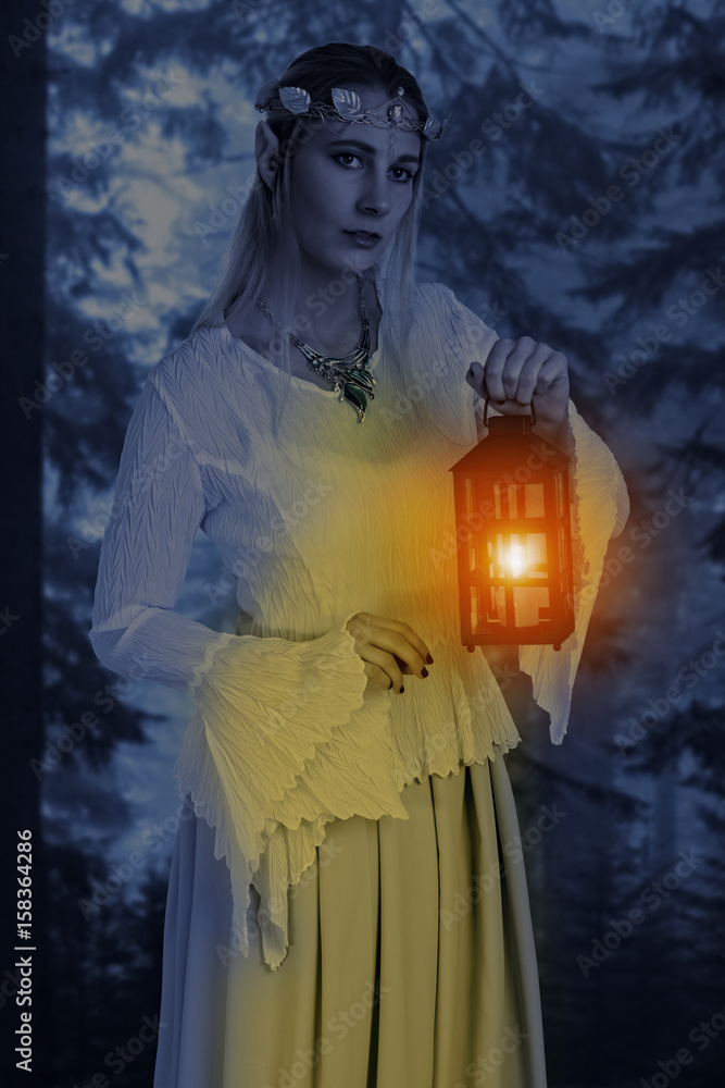 Naklejka premium portrait female high elf with lantern at night