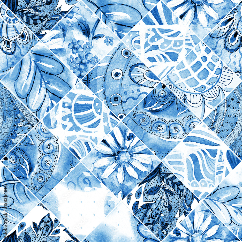 Naklejka premium monochrome seamless texture with blue folk patchwork pattern. watercolor painting