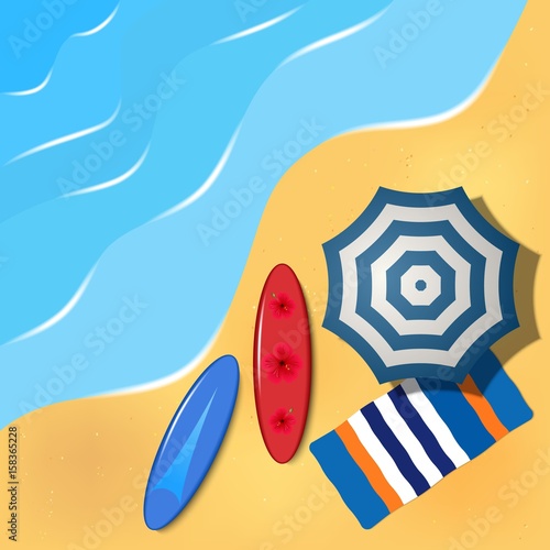 Sea beach, surfboards, beach umbrella. Vector.