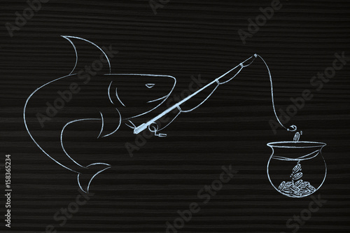 shark with fishing rod about to catch a coins from a bowl