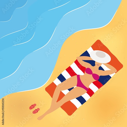 Sea beach, a girl in a bikini sunbathing on a beach towel, beach slippers. Vector.