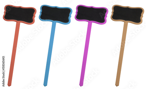 Colored blackboard wooden information labels isolated on white background, price tag, stick label, advertisement, commercial, deal offer, creative thinking, tabula rasa concept, plant garden stake.