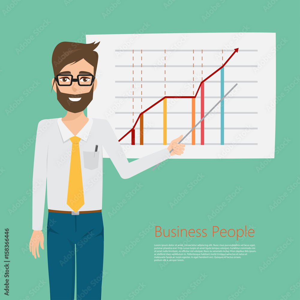 business man presenting a business chart on white board. people character in job vector design illustration. business man presenting a business chart on white board. people character in job vector design illustration.